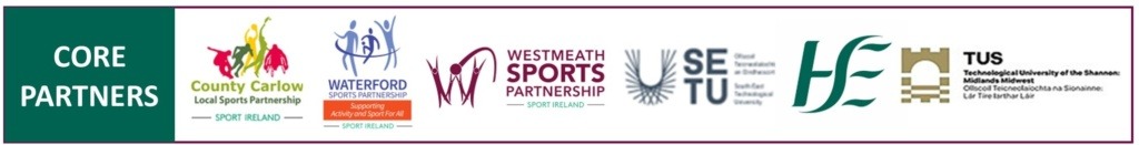 Logo Strip of Core Partners: Carlow Sports Partnership, Waterford Sports Partnership, Westmeath Sports Partnership, SETU, HSE and TUS