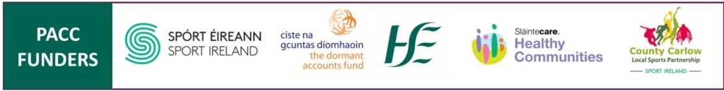 Logo Strip of PACC Funders: Sport Ireland. Dormant Accounts, HSE, Slaintecare Healthy Communities and Carlow Sports Partnership
